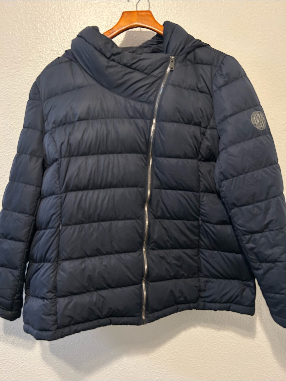 DKNY Navy Asymmetric Hooded Puffer Jacket for Women’s